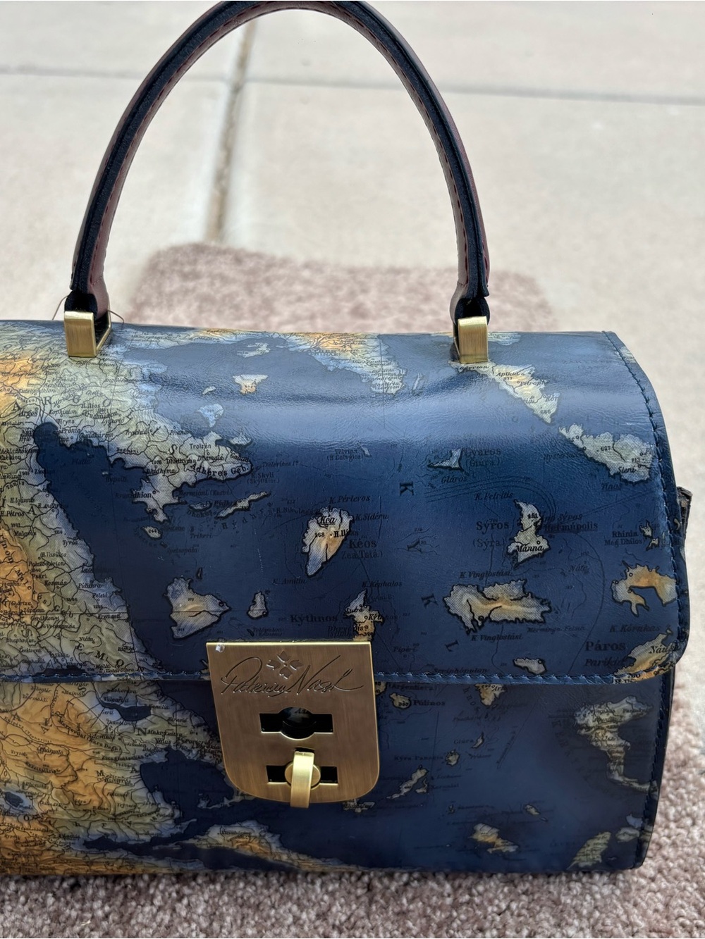 NWT Patricia Nash Navy Map-Print Top Handle Satchel